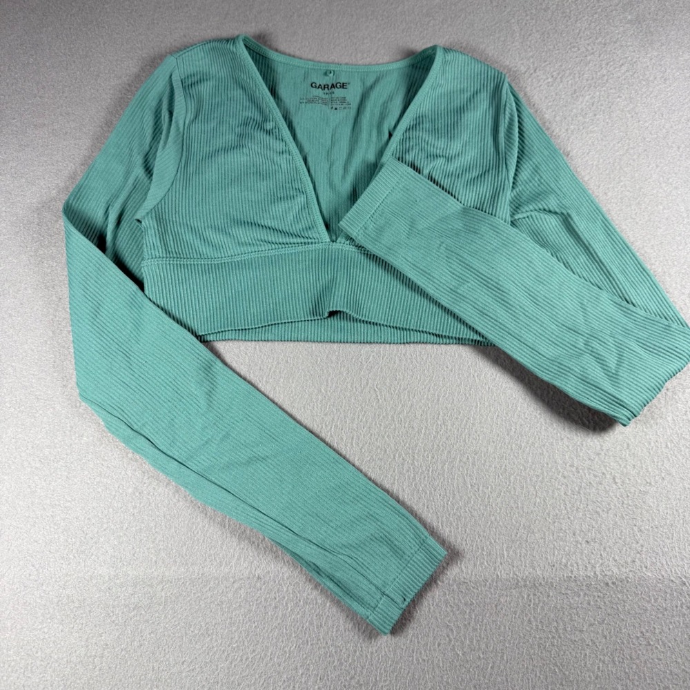 Garage Womens XS Ribbed Long Sleeve V-Neck Crop Top Teal Green 100069518